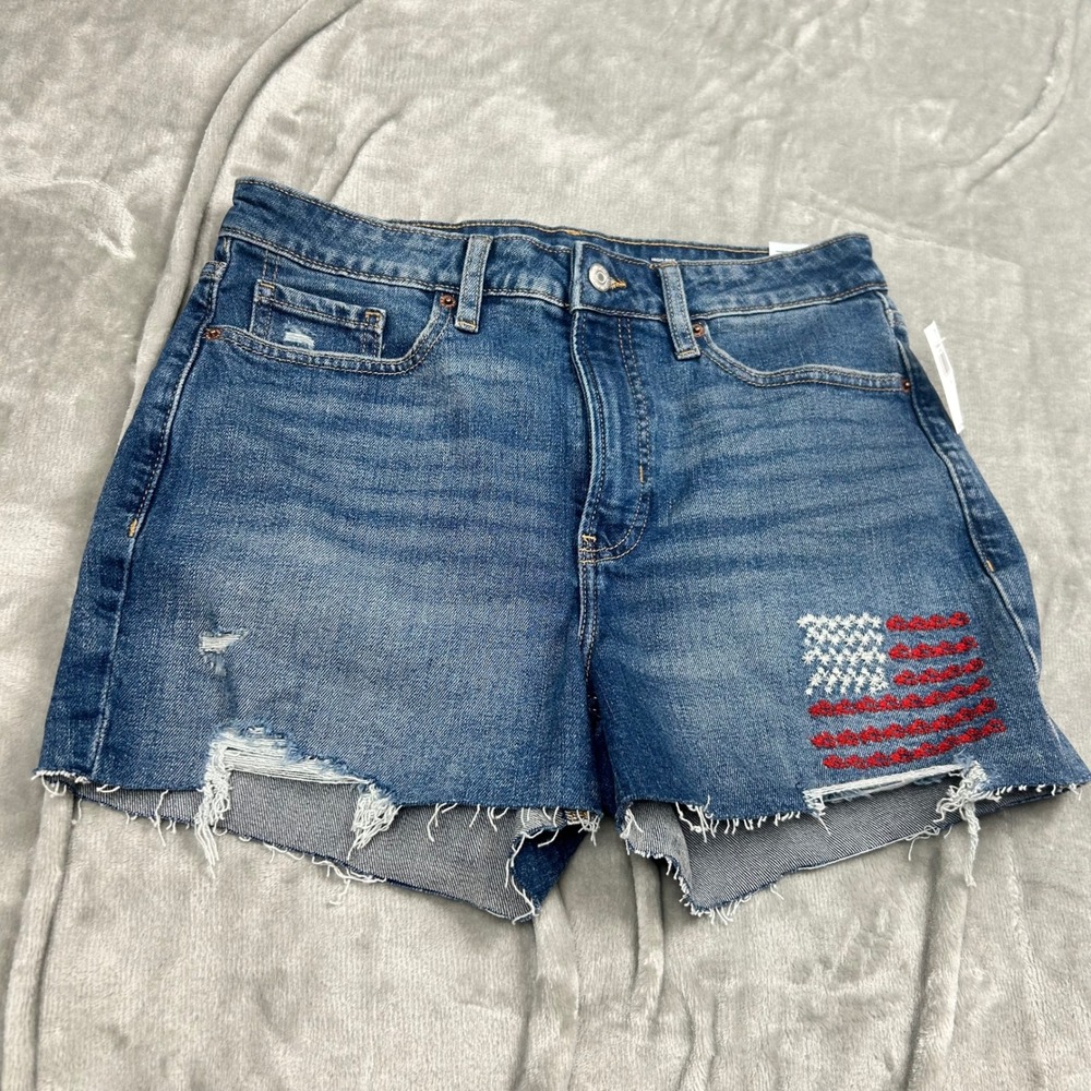 Old Navy High Rise O.G. Straight  Shorts Sz 8 NWT USA flowered  Flag  Raw Hem